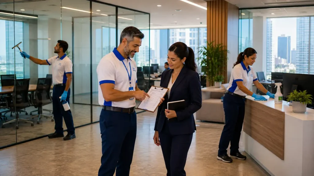 Infinity Services representative discussing commercial property services with a business client while technicians work inside a modern Dubai office.