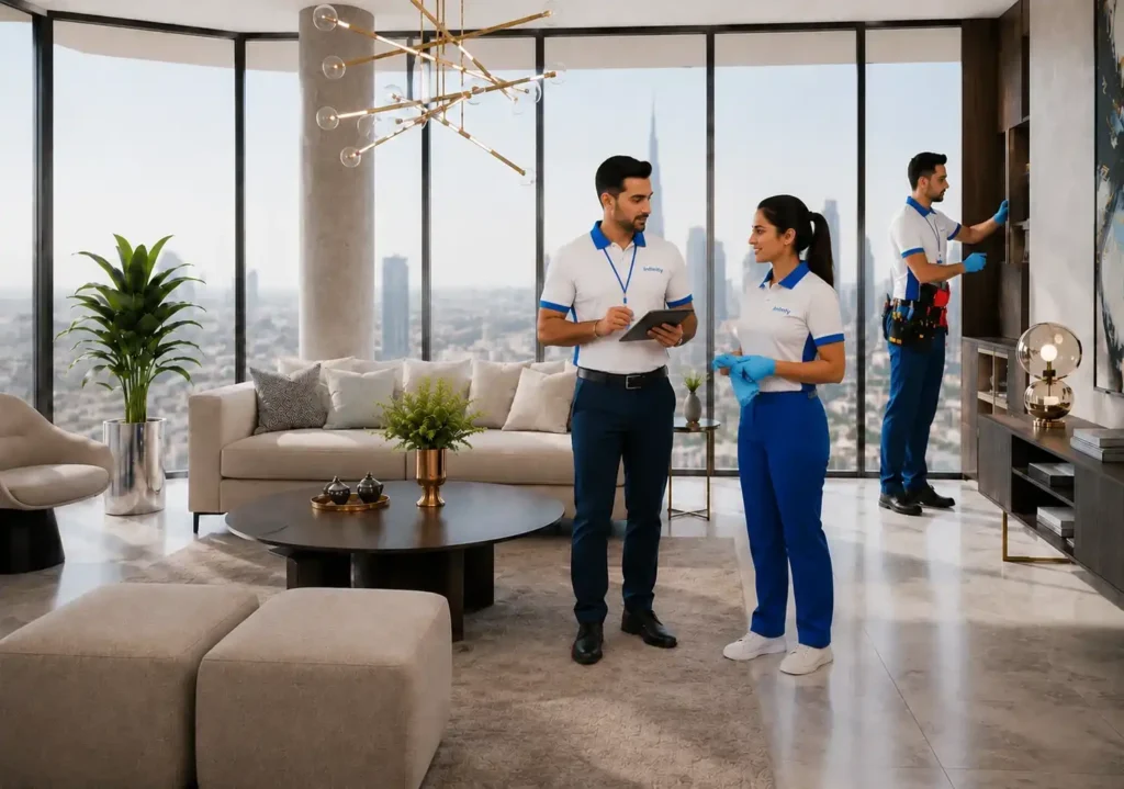 Infinity Services team coordinating professional cleaning and property maintenance inside a luxury Dubai apartment.