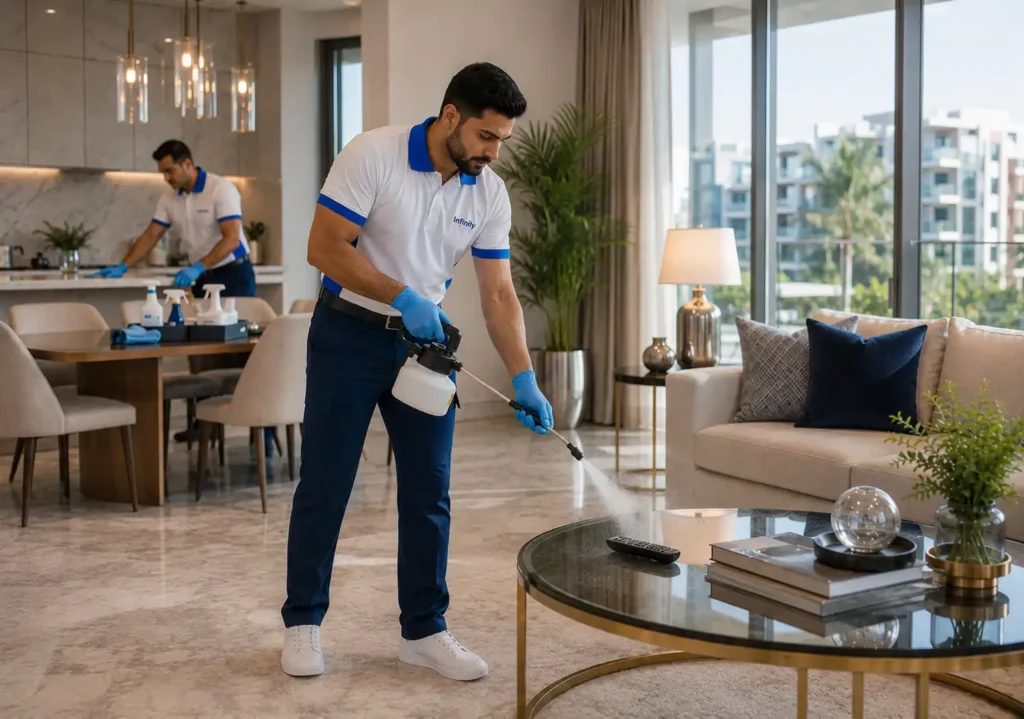 Professional technician disinfecting a living room surface inside a luxury Dubai apartment.
