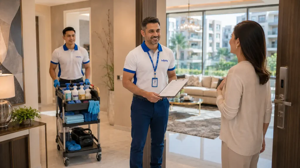 Infinity Services technician confirming service details with a customer before starting work in a Dubai apartment.