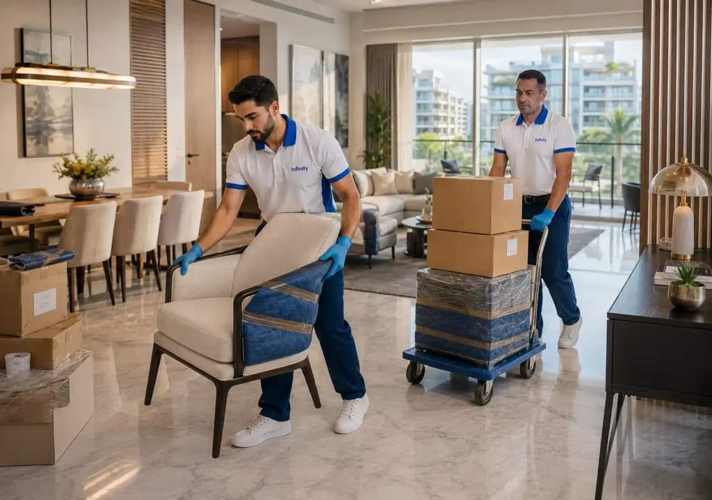 Professional movers carefully relocating furniture and packed boxes inside a luxury Dubai apartment.
