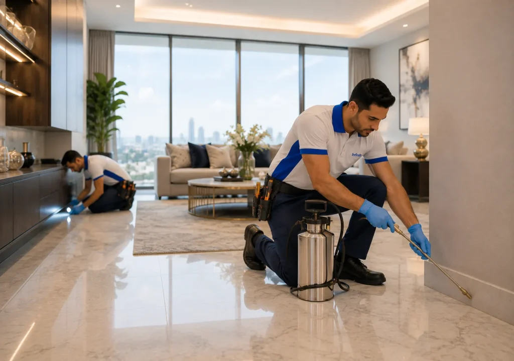 Professional pest control technician applying treatment inside a luxury Dubai apartment.