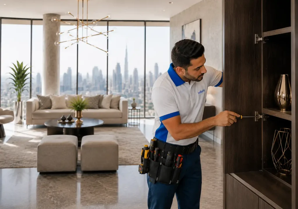 Professional maintenance technician adjusting a cabinet hinge inside a luxury Dubai apartment.