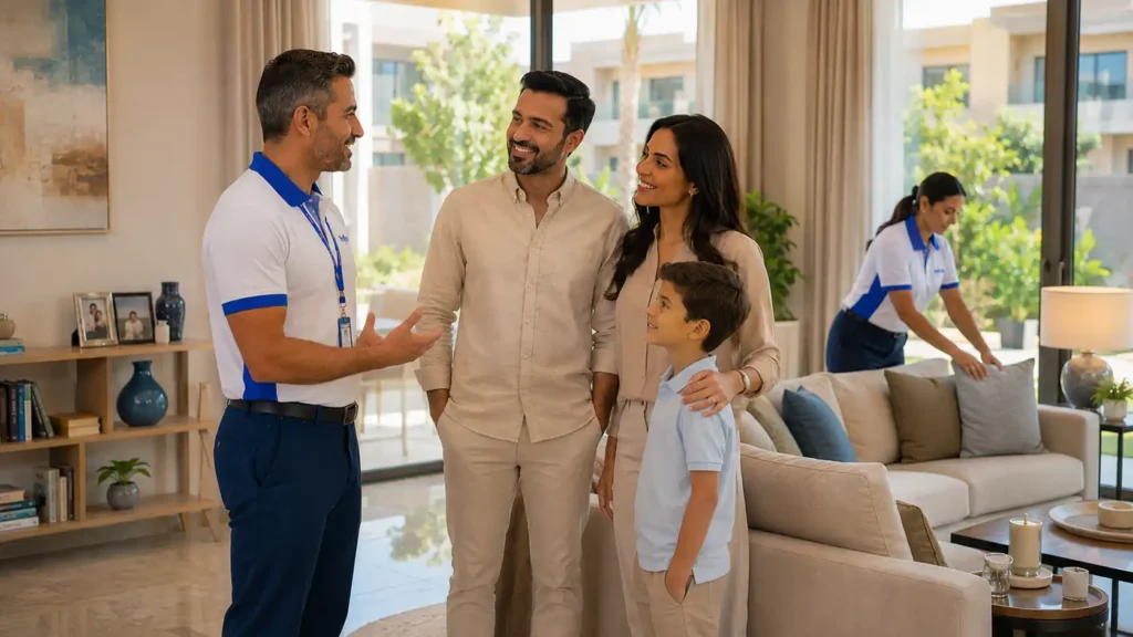 Infinity Services representative speaking with a family while a cleaning specialist works inside a luxury Dubai home.