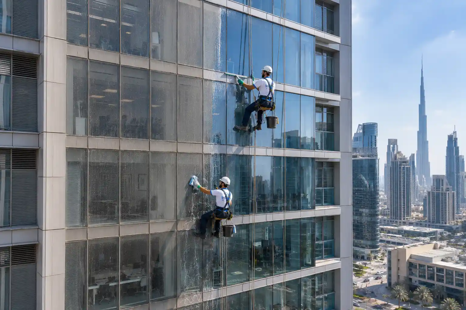 Infinity Services technicians performing high-rise exterior glass cleaning on a commercial building in Dubai using professional rope access equipment.