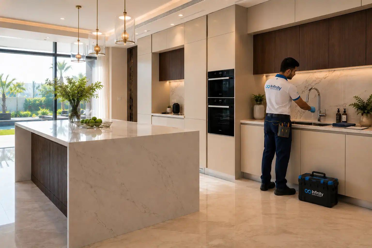 Infinity Services technician completing final plumbing inspection after professional property maintenance inside a luxury Dubai home.