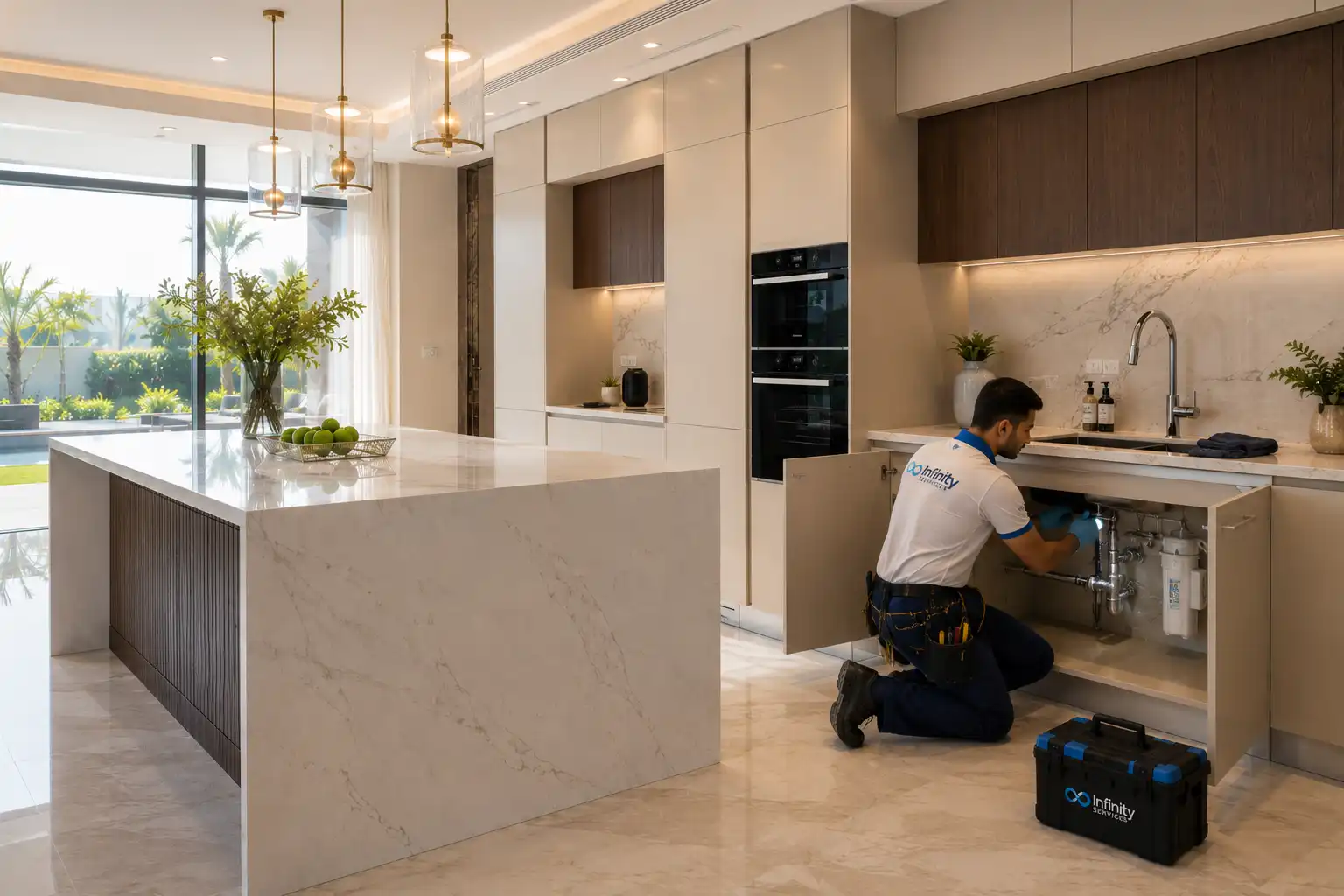 Infinity Services technician performing kitchen plumbing maintenance inside a luxury residential property in Dubai.