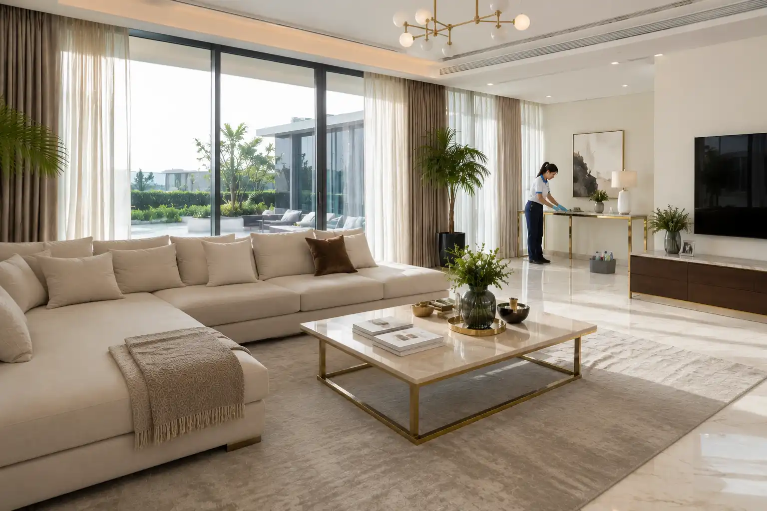 Luxury residential living room after professional deep cleaning by Infinity Services with a technician completing final detailing in Dubai.