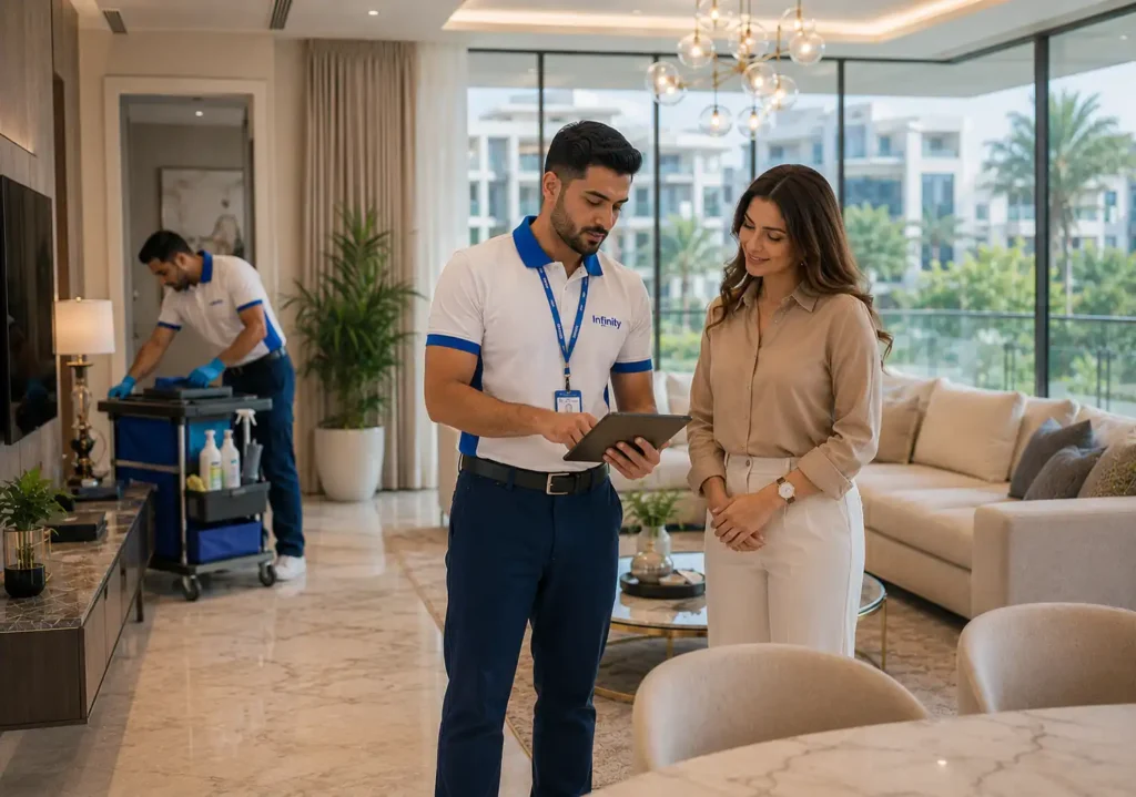 Infinity Services representative discussing professional home services with a customer inside a luxury Dubai apartment.