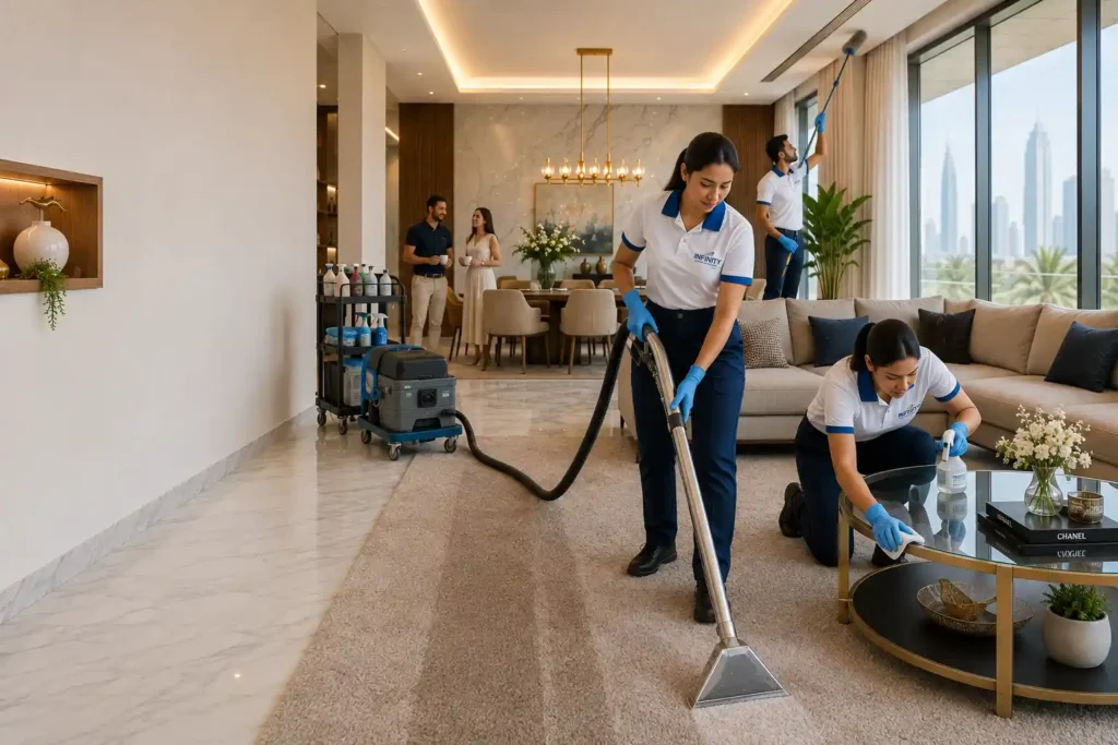 Professional cleaners performing detailed cleaning in a luxury walk-in wardrobe