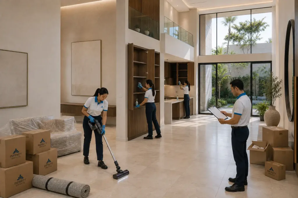 Cleaning team preparing a Dubai home for move-in or handover