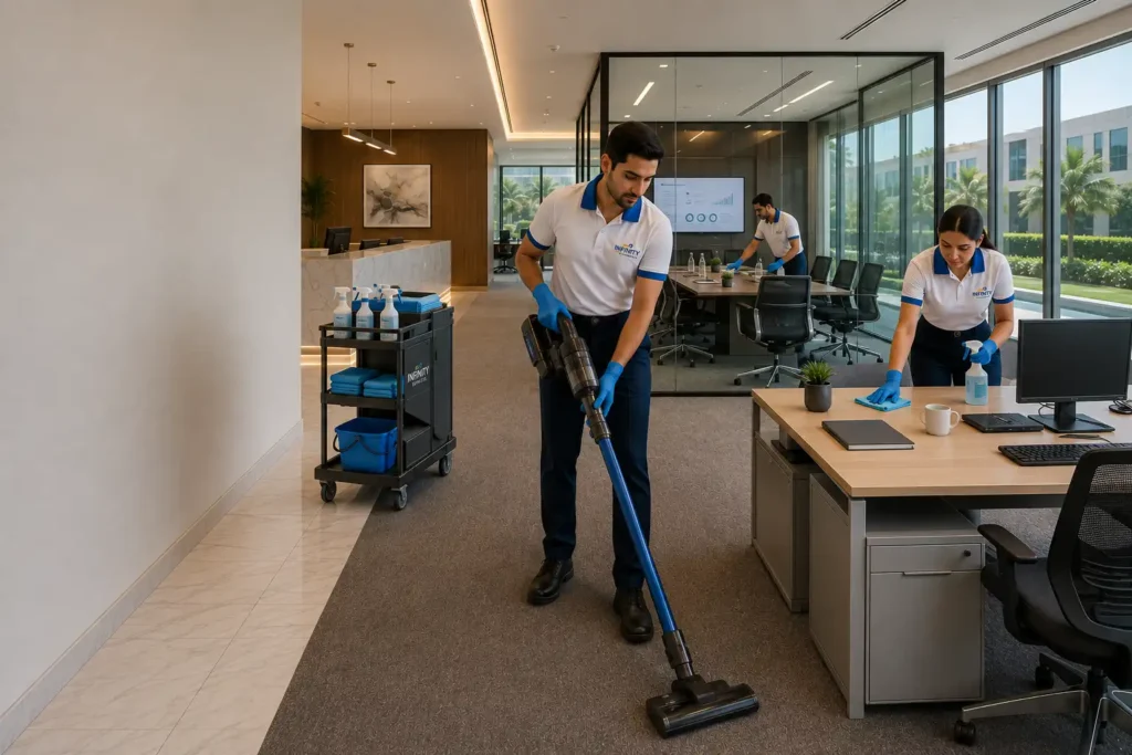 Professional cleaners maintaining a modern Dubai office