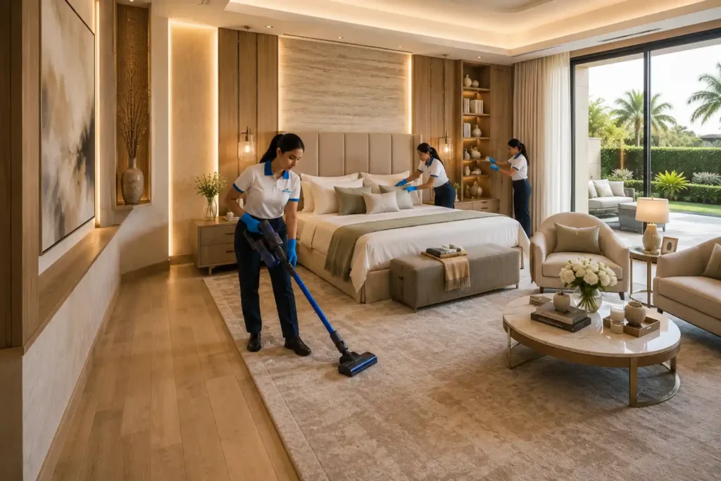 Professional cleaners providing regular home cleaning in a luxury Dubai residence