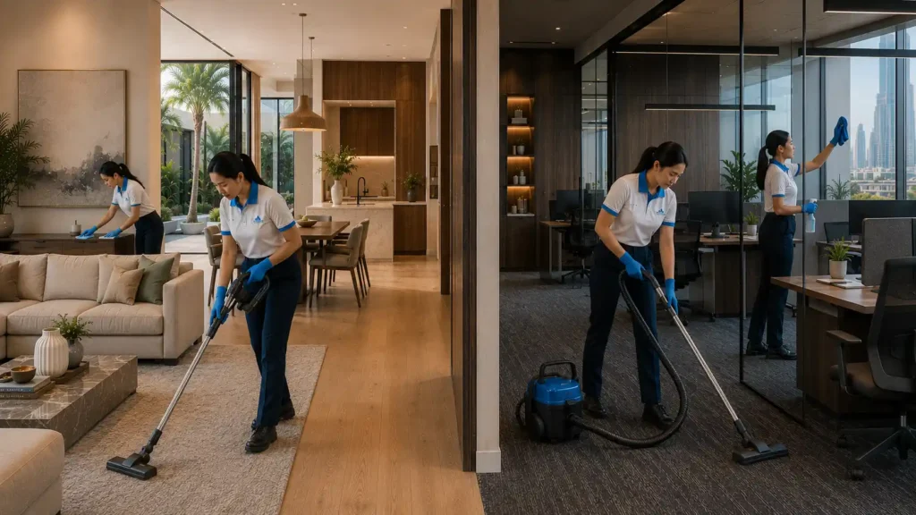 Cleaning professionals working in a luxury home and modern office