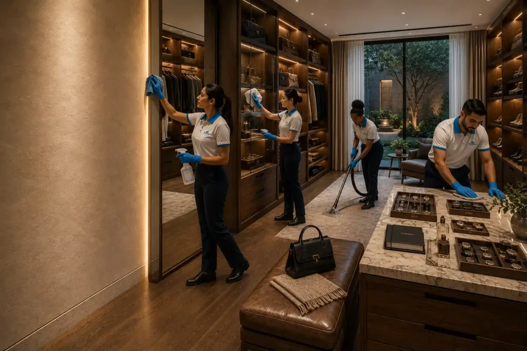 Professional cleaners providing detailed cleaning in a luxury wardrobe