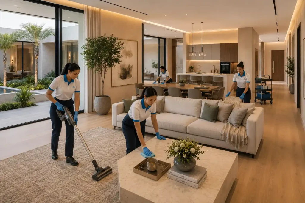 Professional cleaners working inside a luxury Dubai villa