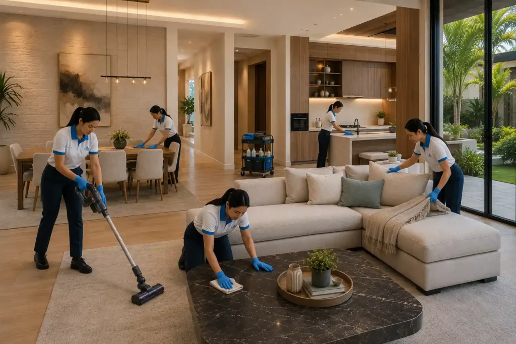 Cleaners working across living and kitchen areas in a Dubai home